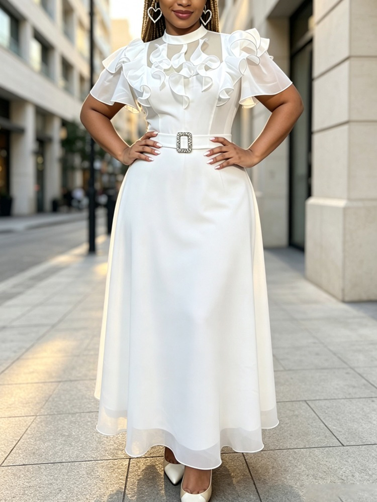 Women'S Semi Formal Evening Wear - Vestido Midi Semiformal Blanco de Chifón